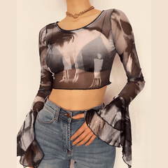 Round neck sheer mesh print long sleeve crop top