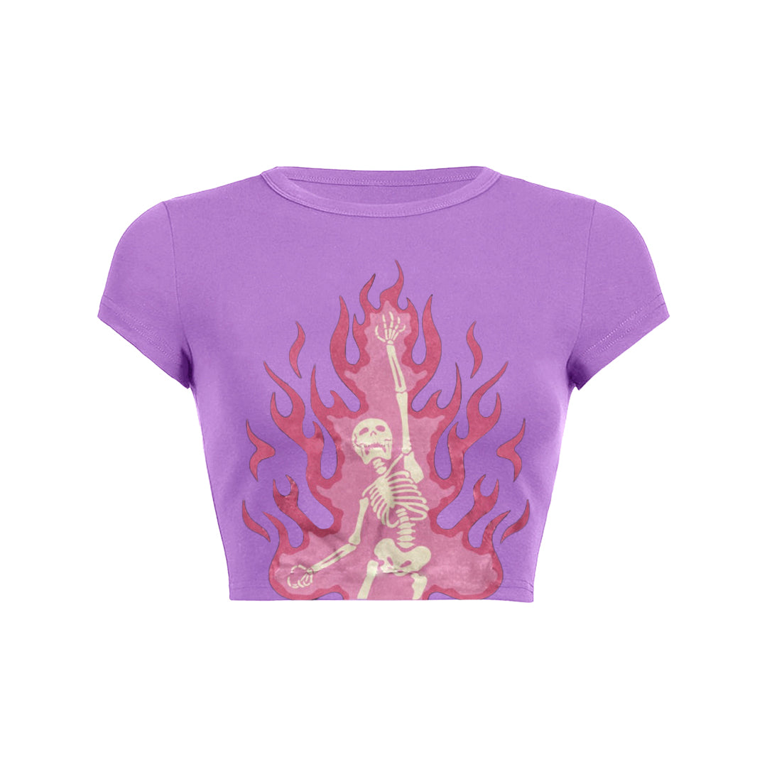 Pink fire skeleton print slant Baby Tee