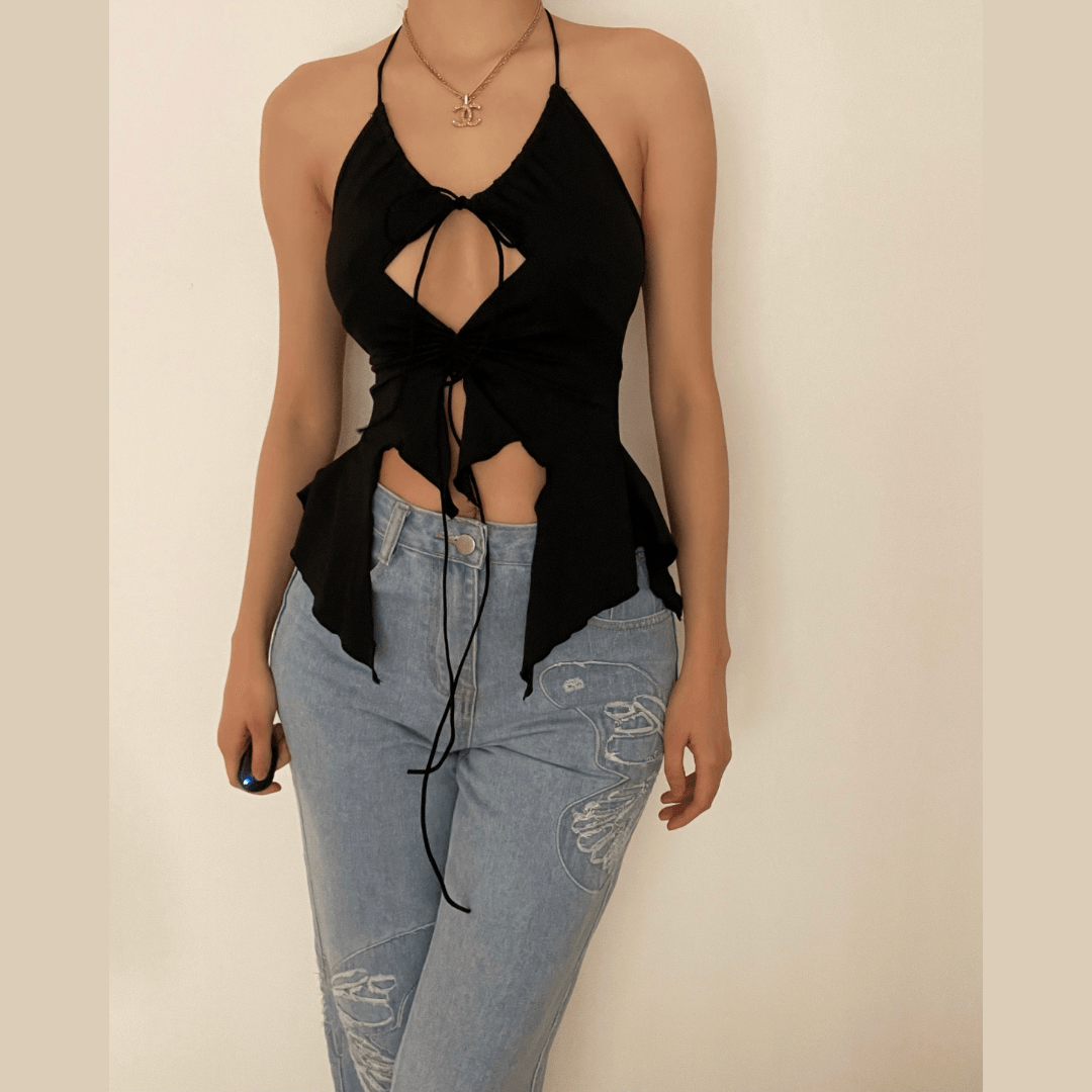 Hollow out ruched halter ruffled tie front cut out top