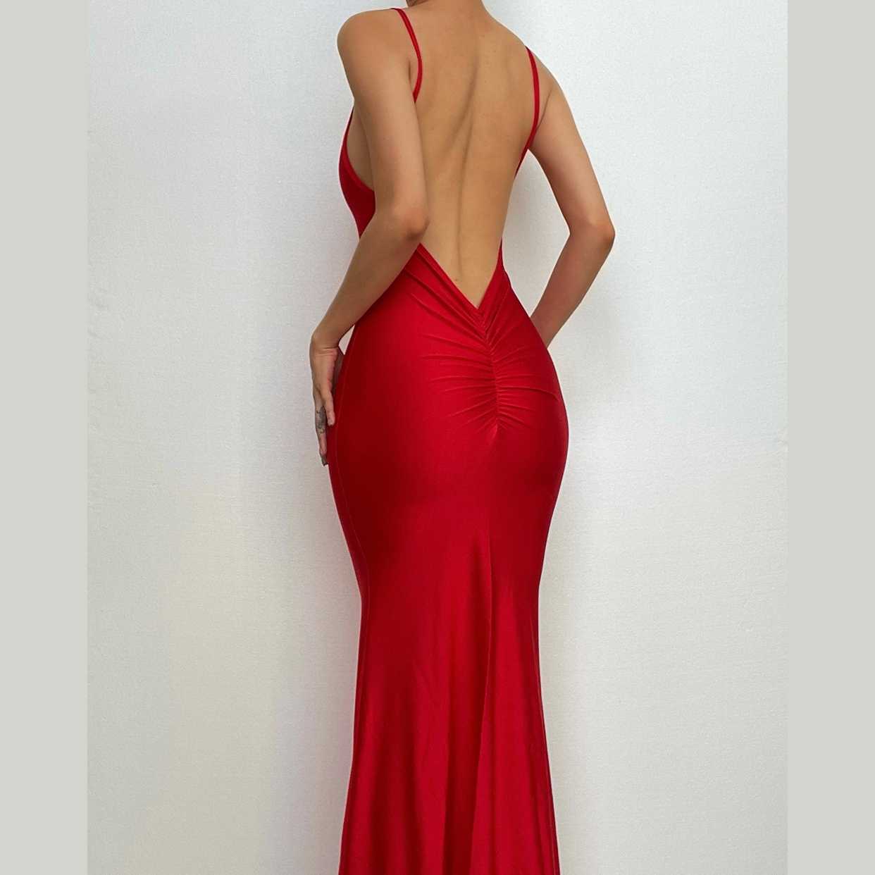 Low cut v neck ruched solid backless cami maxi dress  | red tango dress
