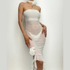 Solid slit sheer mesh see through flower applique mini dress  | red tango dress  | samba dress