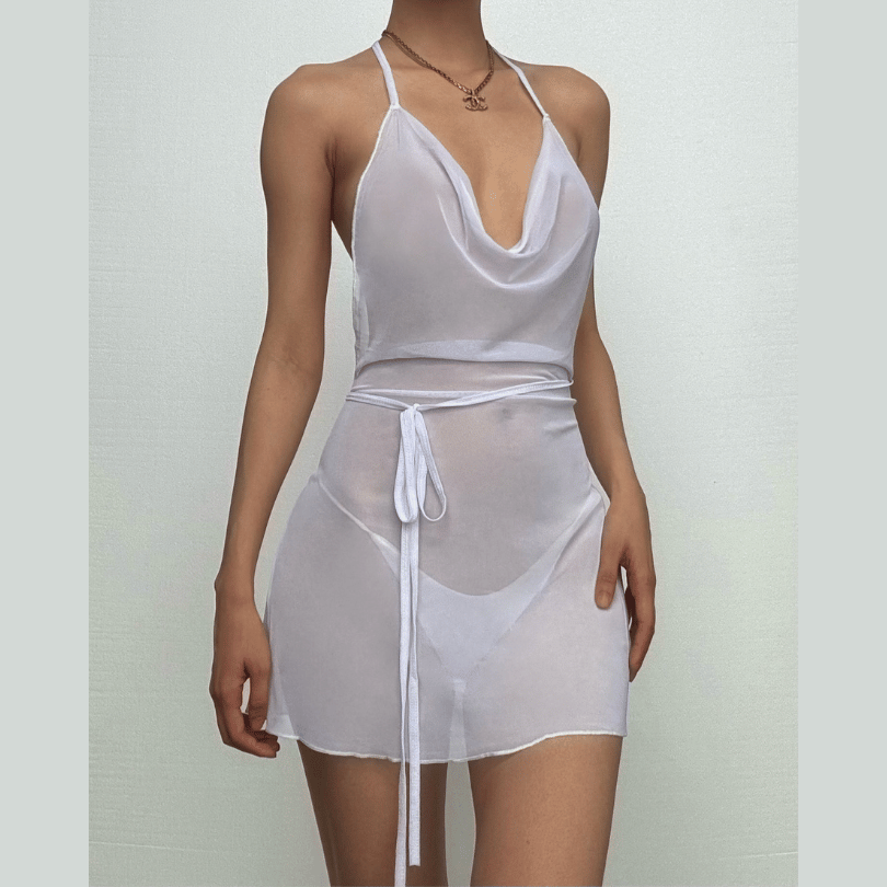Halter cowl neck sheer mesh ruffle mini dress  | red tango dress  | samba dress