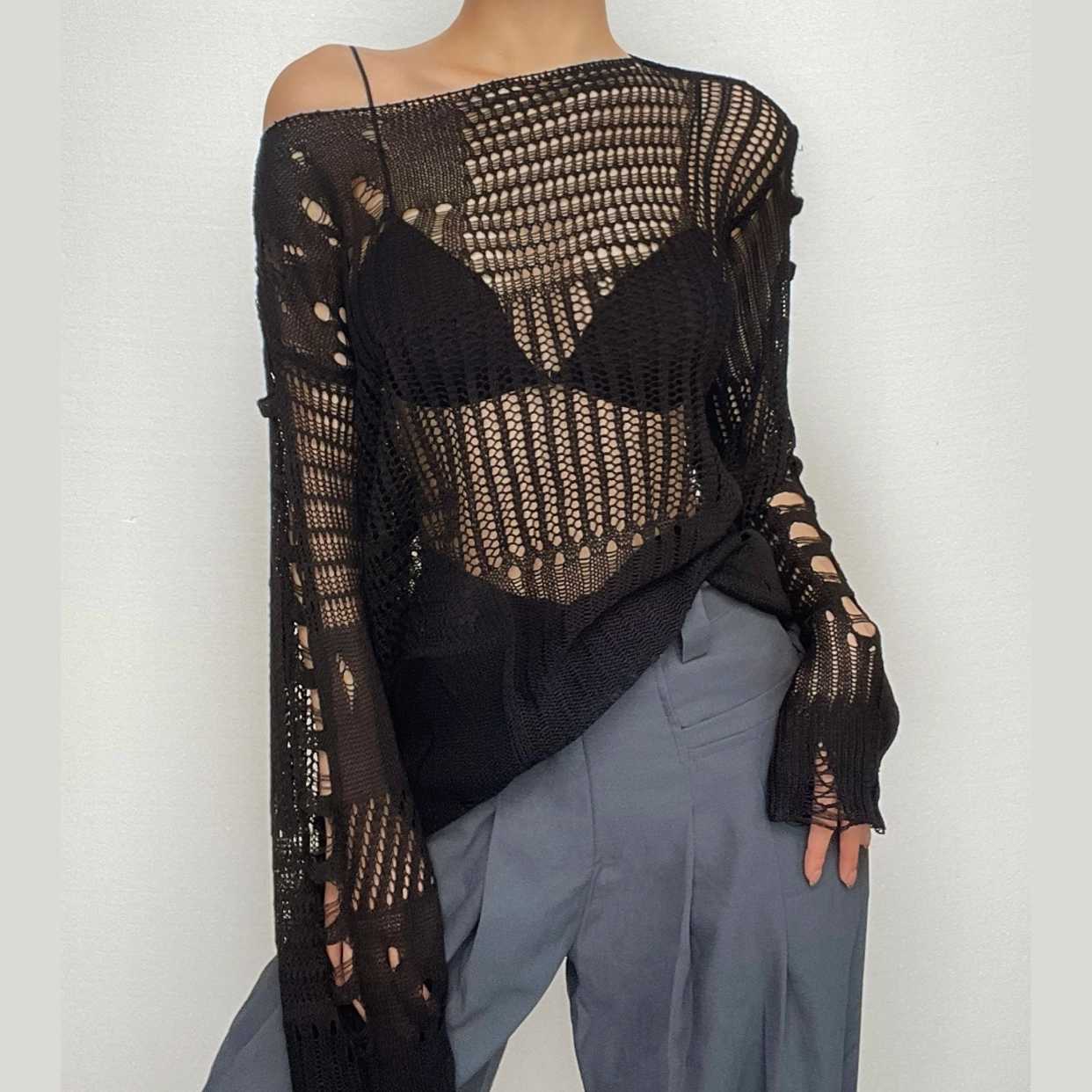 Crochet long sleeve solid hollow out cut out top