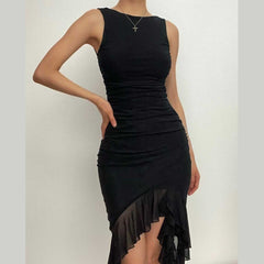 Ruched solid sleeveless ruffle zip-up backless midi dress  | red tango dress