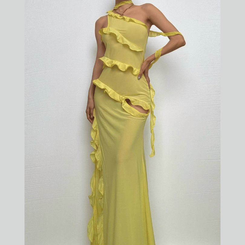 One shoulder ruffle irregular high slit maxi dress  | red tango dress