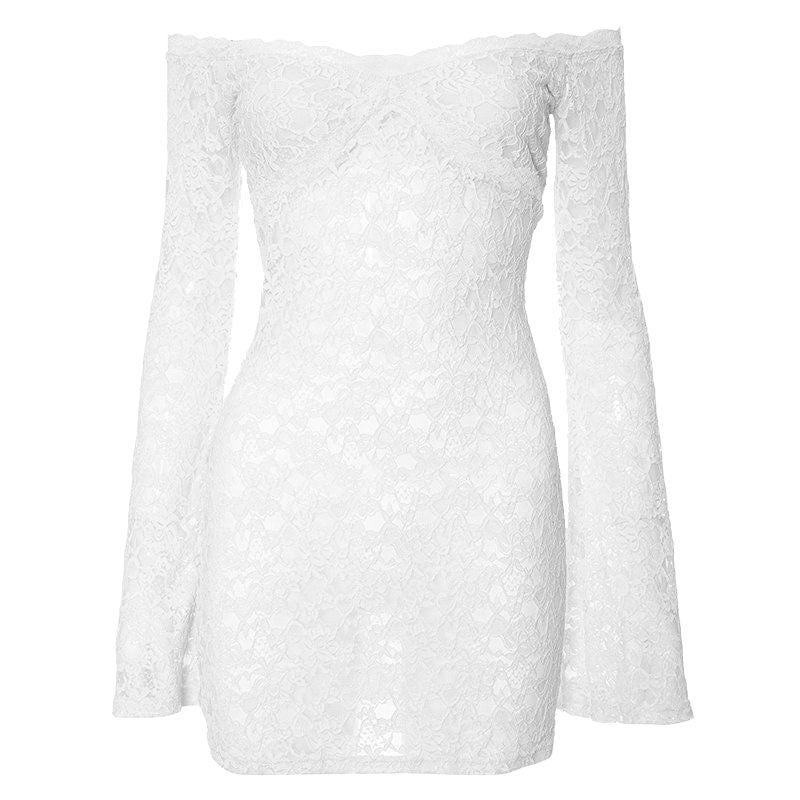 Long flared sleeve off shoulder lace see through mini dress  | red tango dress