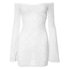 Long flared sleeve off shoulder lace see through mini dress  | red tango dress