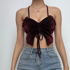 Halter ruched drawstring glitter cami top