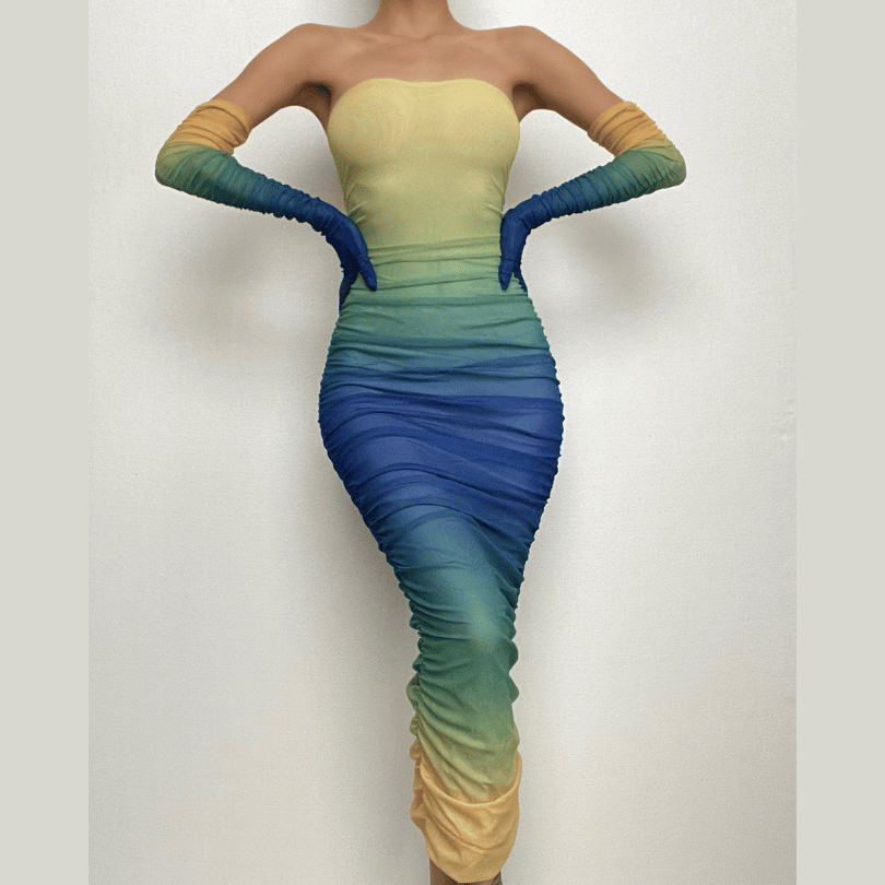 Sheer mesh see through gradient gloves ruched tube maxi dress  | red tango dress  | samba dress