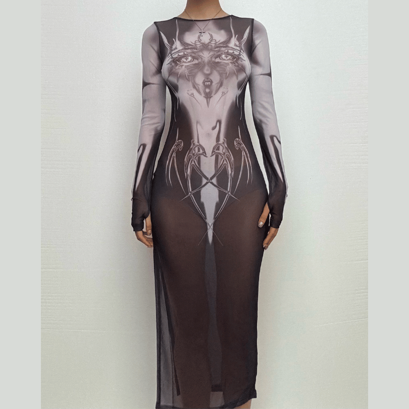 Long sleeve sheer mesh print midi dress  | samba dress