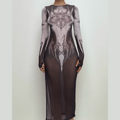 Long sleeve sheer mesh print midi dress  | samba dress