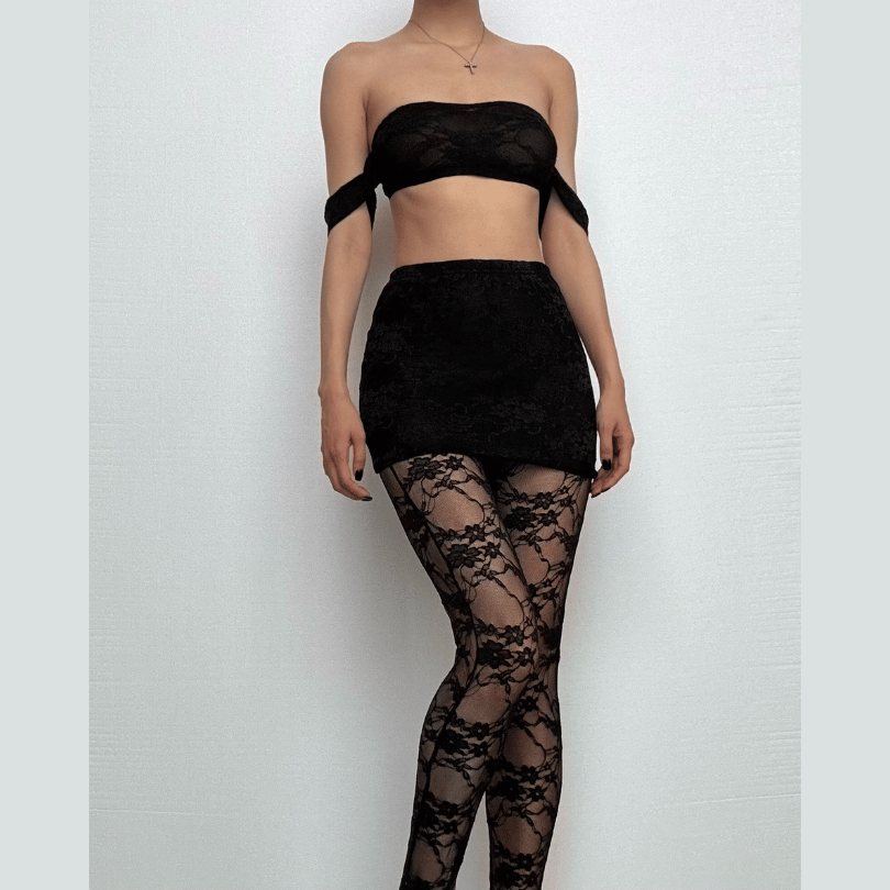 Off shoulder lace see through solid pant set