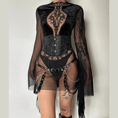 Mesh crewneck long sleeve see through embroidery mini dress