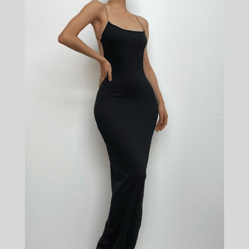 Cross back lace up square neck backless self tie slit maxi dress  | black rave dress  | black rave dress