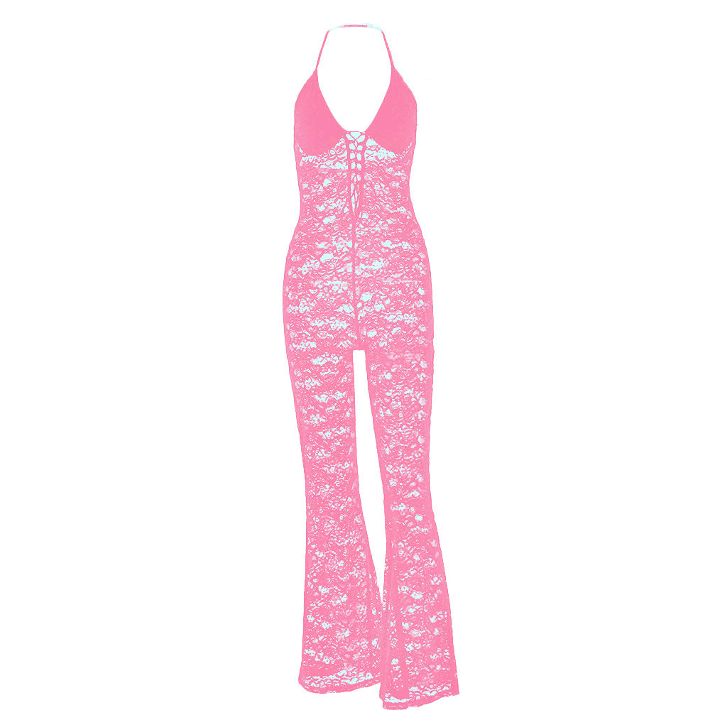 Halter lace lace up see through jumpsuit