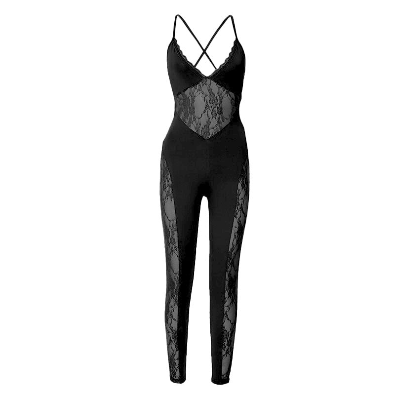 V neck lace patchwork cross back cami jumpsuit