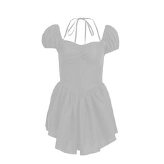 Short puff sleeve sweetheart neck ruched halter smocked mini dress