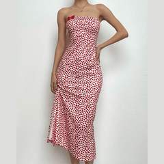 Heart print contrast slit bowknot backless tube midi dress  | red tango dress