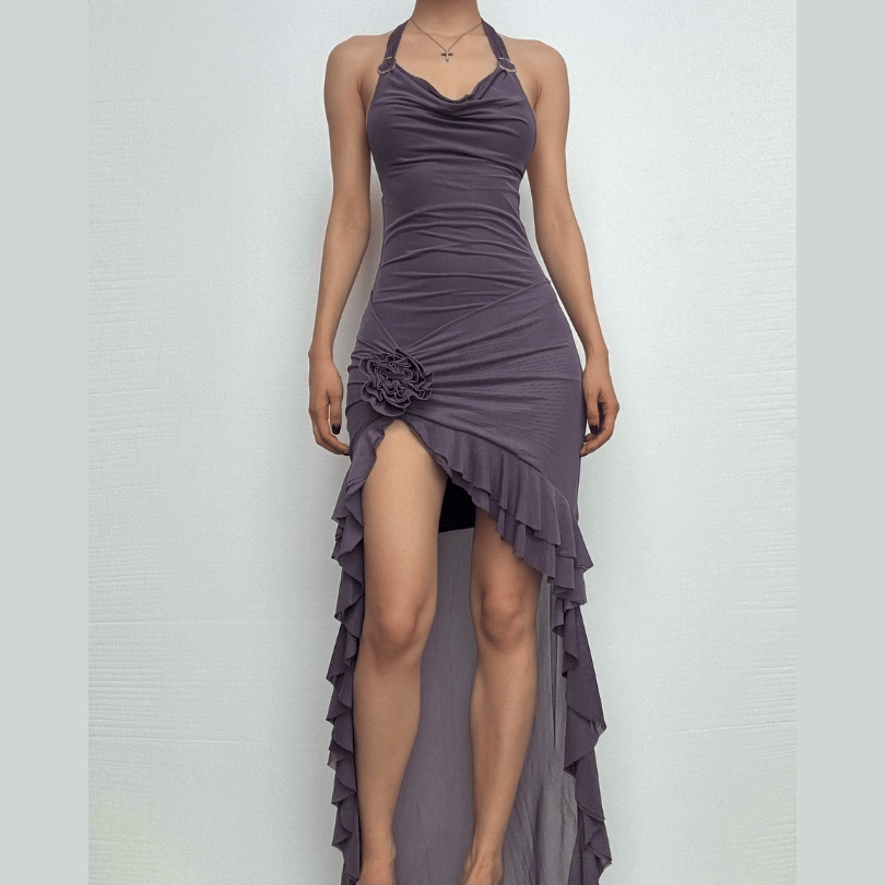 Halter cowl neck flower applique ruffle maxi dress  | red tango dress