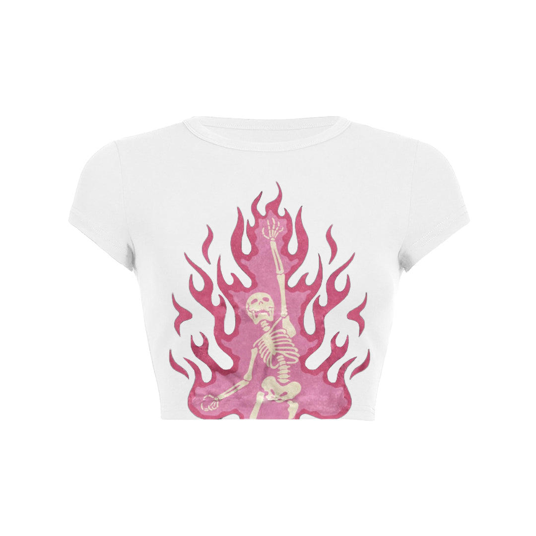 Pink fire skeleton print slant Baby Tee