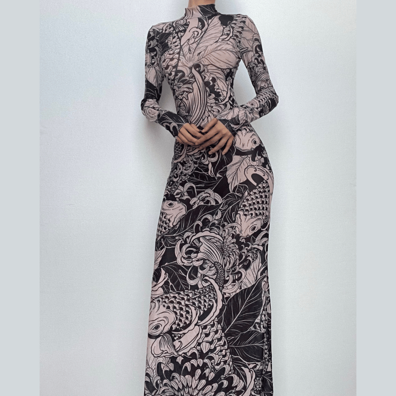 Sheer mesh see through abstract long sleeve high neck maxi dress  | samba dress