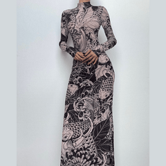 Sheer mesh see through abstract long sleeve high neck maxi dress  | samba dress