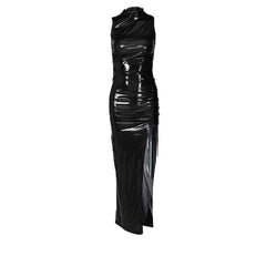 Sleeveless high neck metallic ruched high slit midi dress  | red tango dress