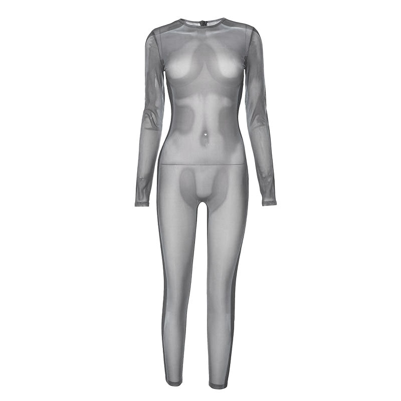 Long sleeve crewneck body print zip-up sheer mesh jumpsuit