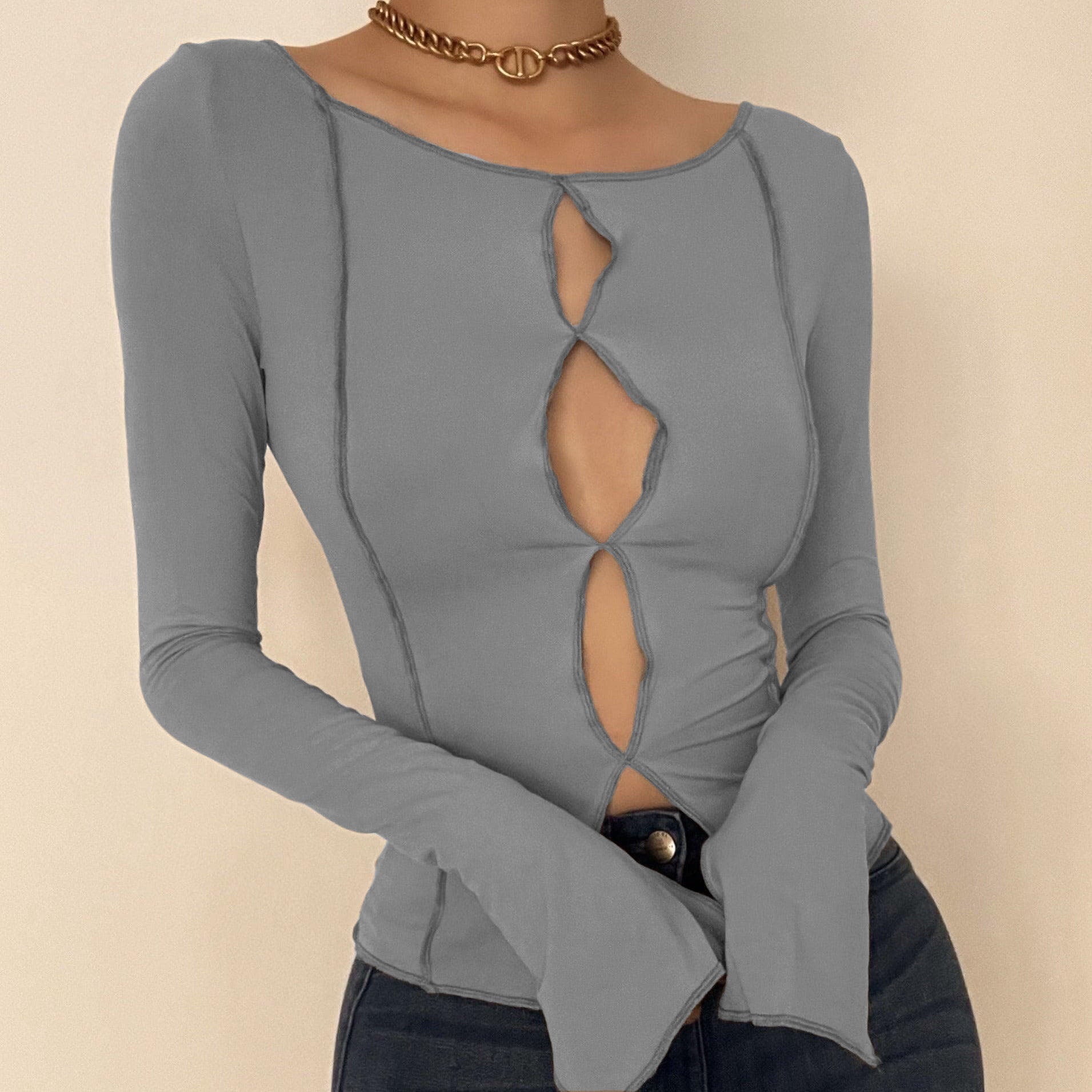 Hollow out round neck long sleeve cut out top
