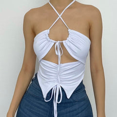 Double layered halter drawstring hollow out ruched solid crop cut out top