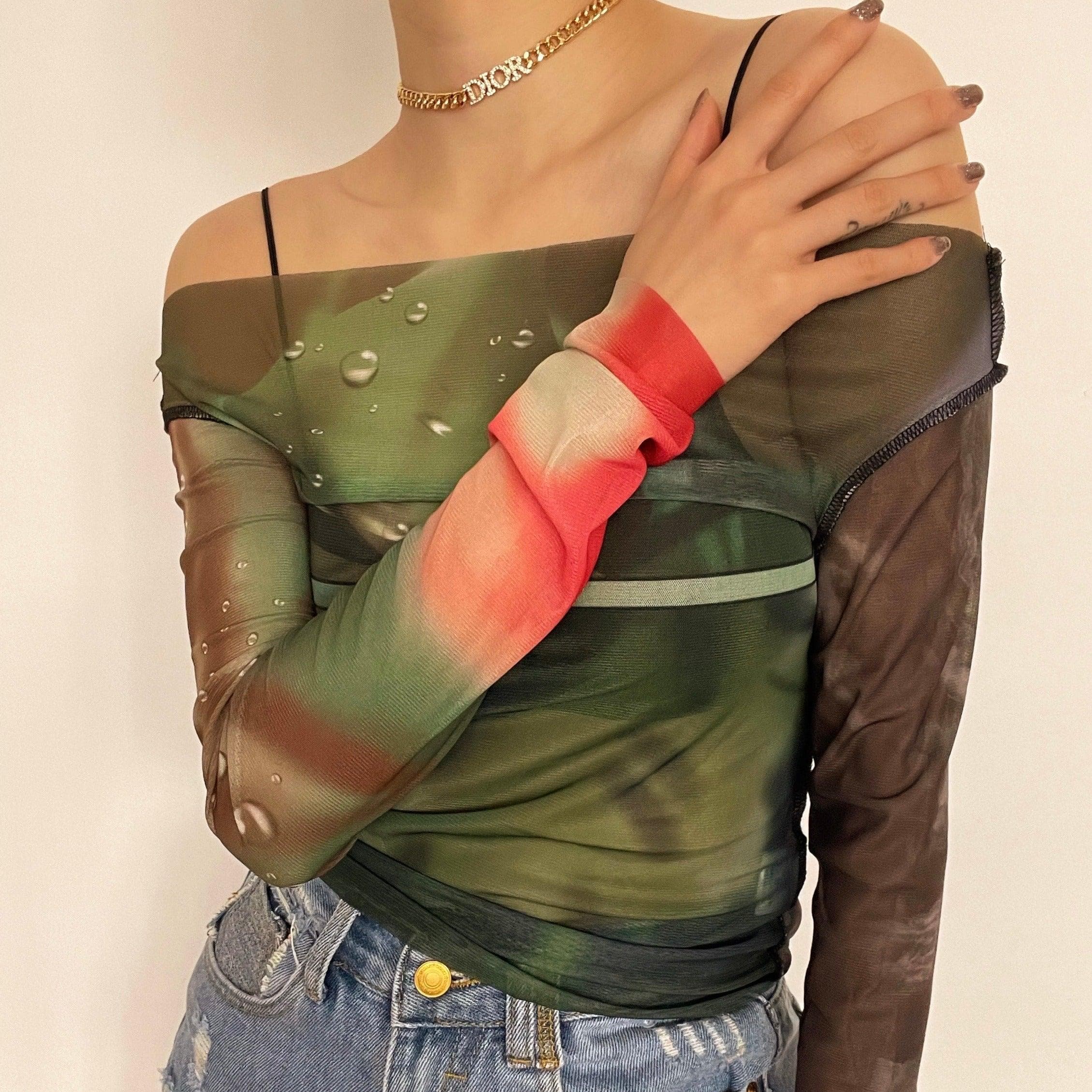 Long sleeve off shoulder sheer mesh see through print top