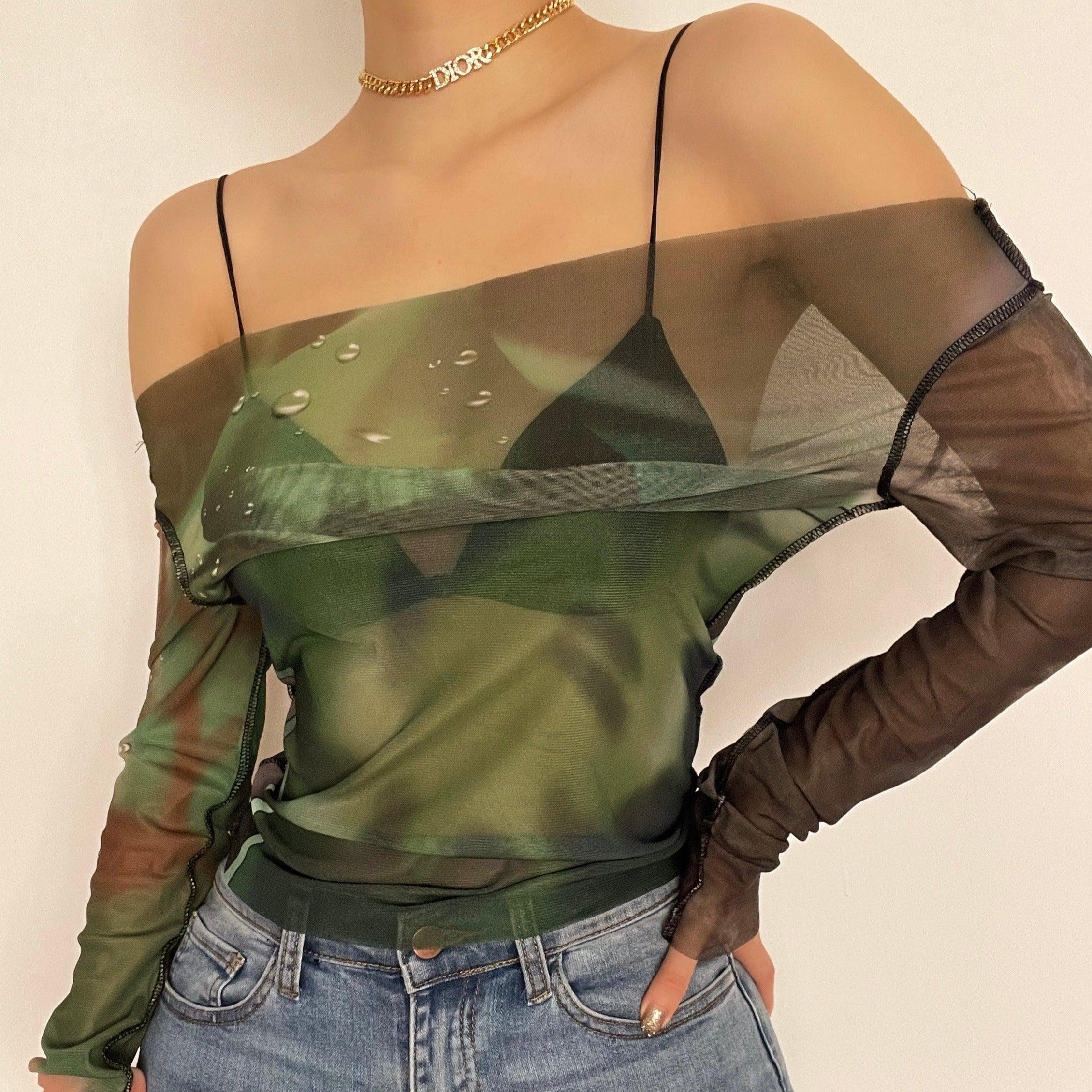 Long sleeve off shoulder sheer mesh see through print top