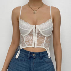 Button-through front lace see-through cami top