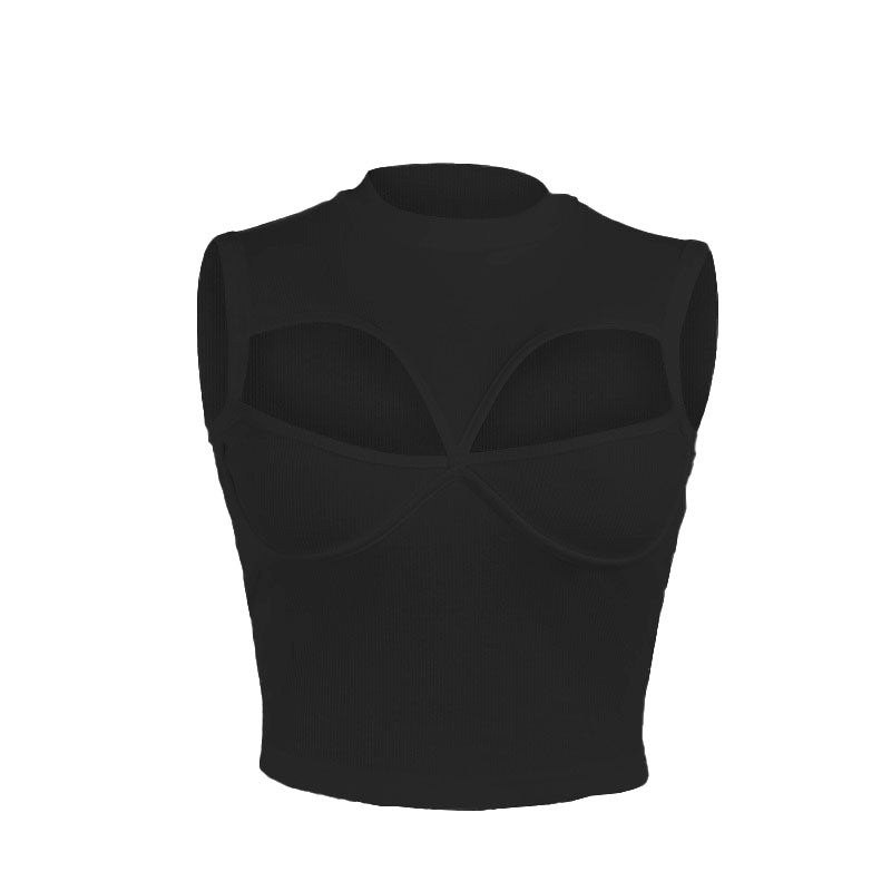 Sleeveless crewneck hollow out solid tank top