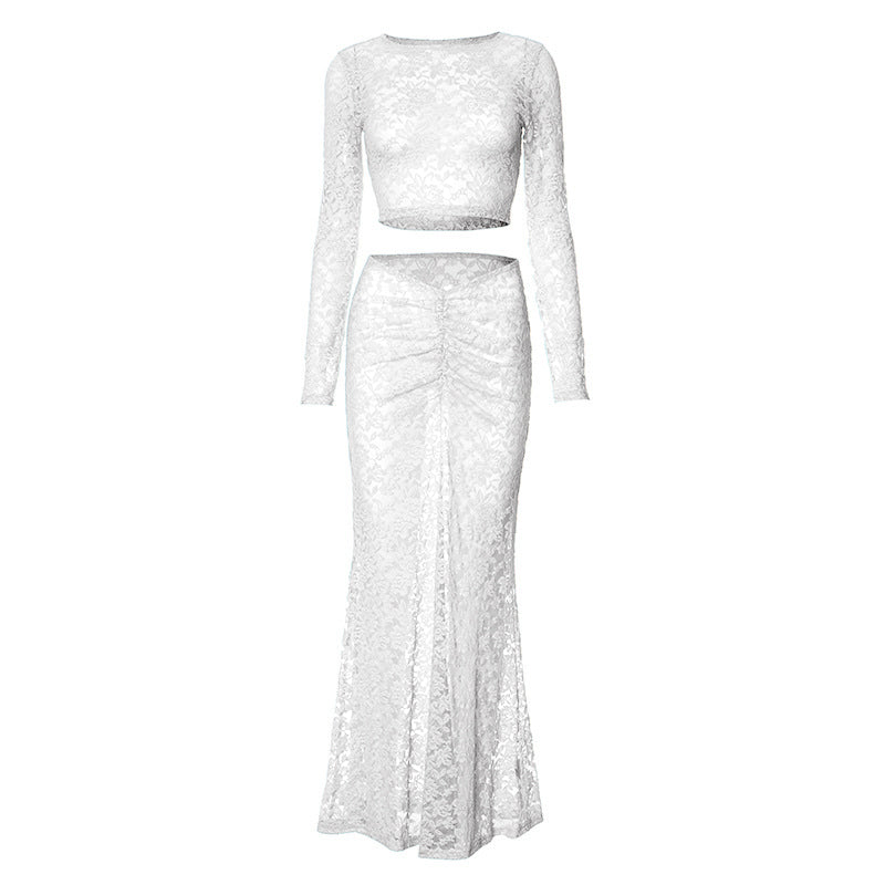 Long sleeve lace see through crop maxi skirt set