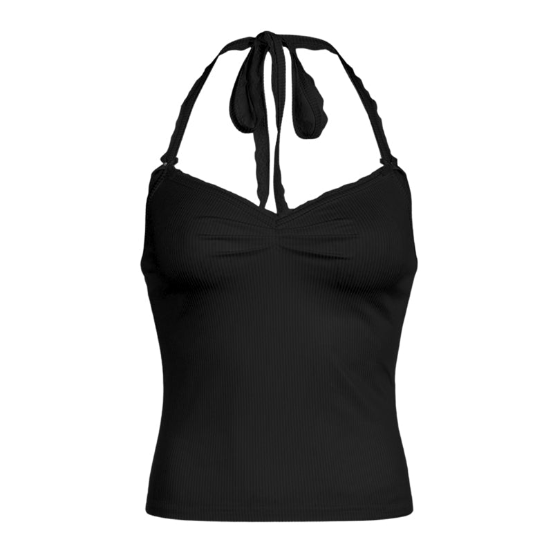 Halter v neck lace hem bowknot ruched top