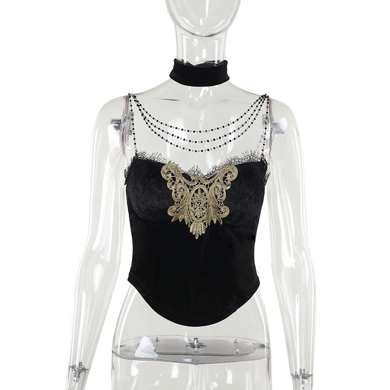 Velvet beaded lace hem cami top