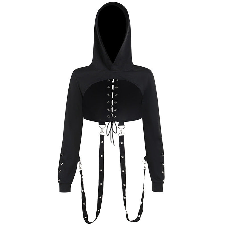 Hoodie long sleeve o ring lace up top