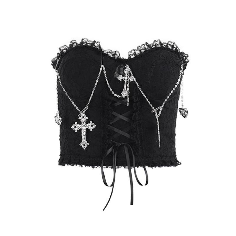 Metal chain lace up sweetheart neck tube top