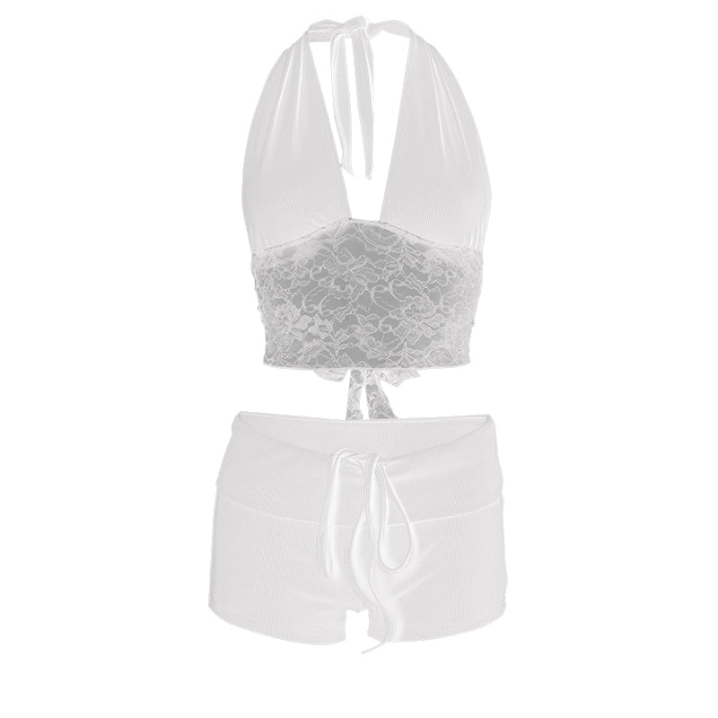 Halter lace hem drawstring ribbed crop pant set