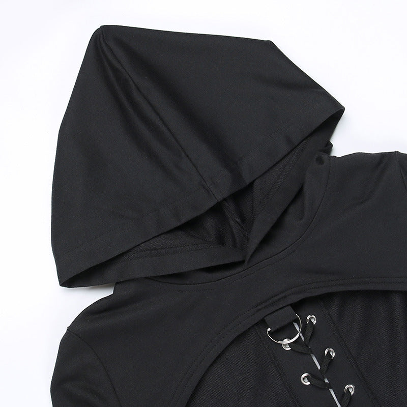 Hoodie long sleeve o ring lace up top