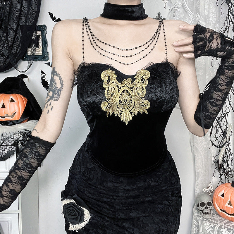 Velvet beaded lace hem cami top