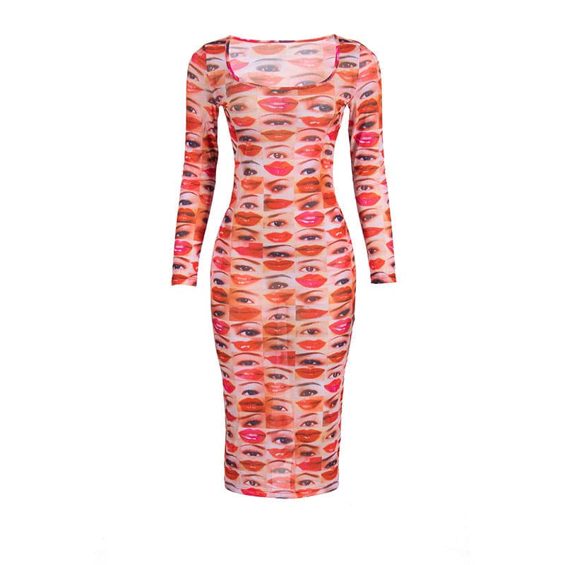 Long sleeve abstract u neck sheer mesh contrast midi dress  | samba dress
