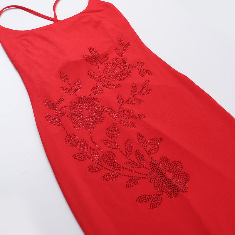 U neck flower beaded cross back cami maxi dress