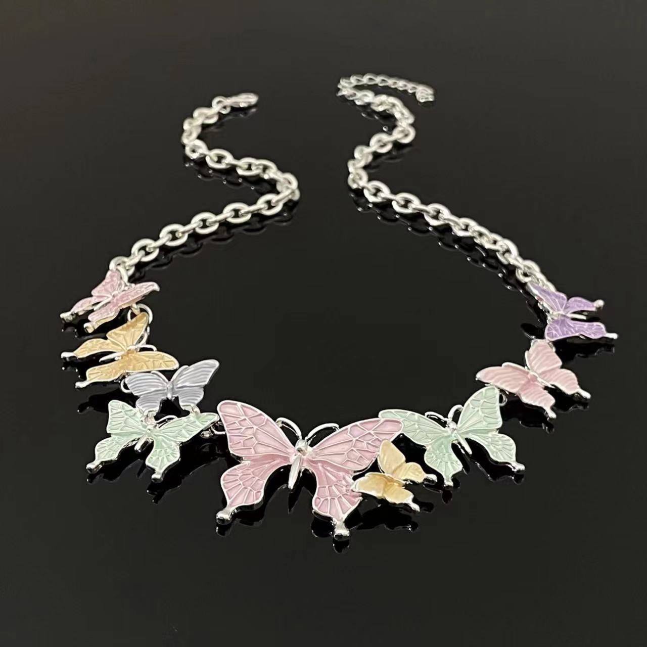 Multicolor butterfly metal chain necklace