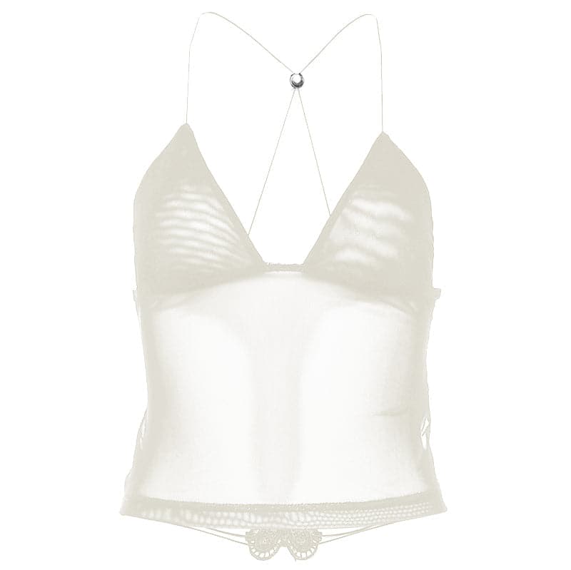Sheer mesh butterfly applique see through backless solid top