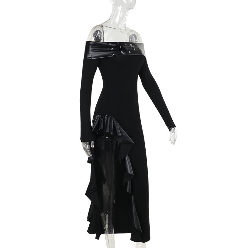 Off shoulder long sleeve PU leather slit ruffle maxi dress