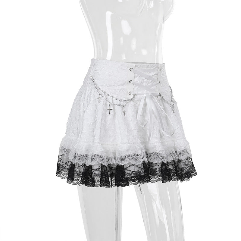 Lace up metal chain lace hem mini skirt