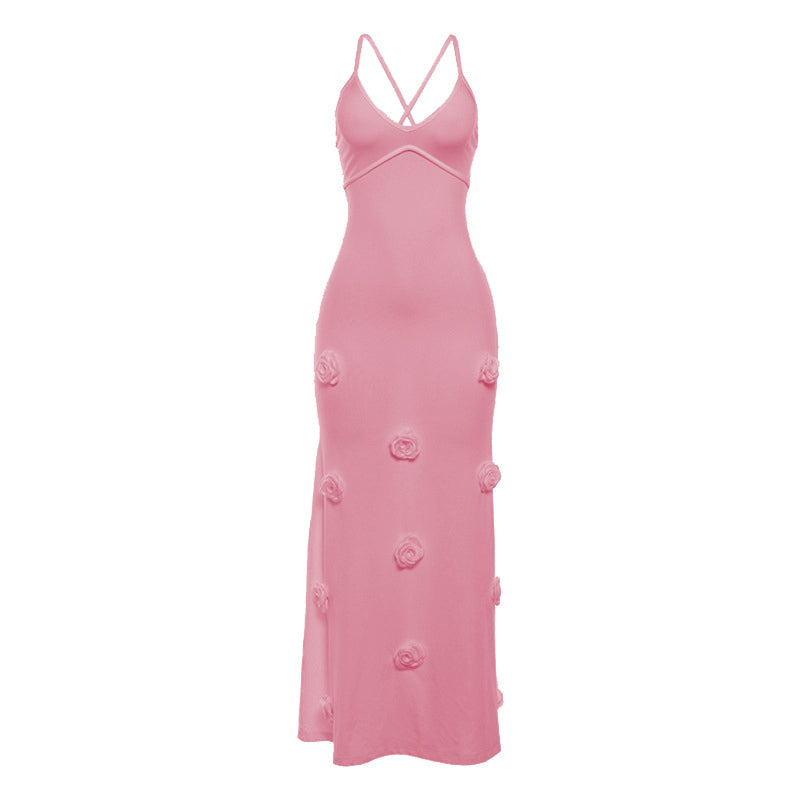 V neck flower applique cross back cami maxi dress  | red tango dress