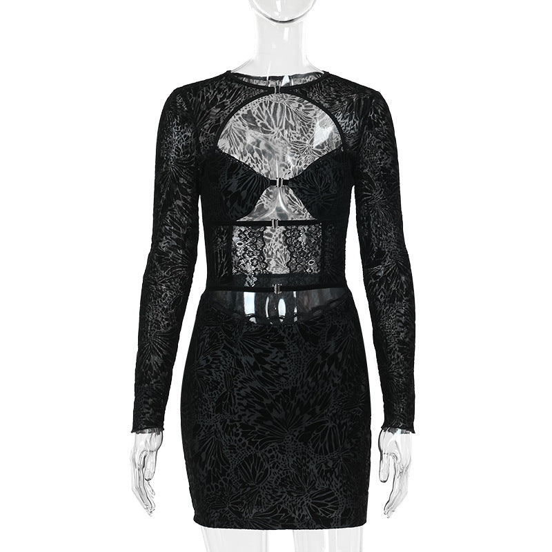 Long sleeve hollow out lace button mini dress